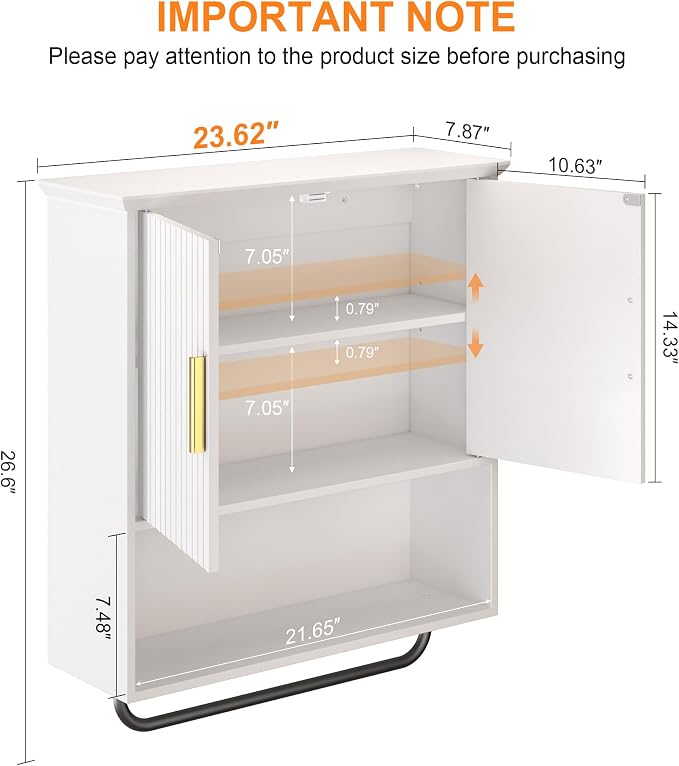 Wall Mounted Medicine Cabinet with Towel Bar & Adjustable Storage Shelf | White Space Saving Wood Bathroom Wall Cabinet 2 Doors for Laundry, Kitchen, Living Room