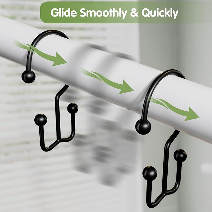 OEH 24 Pcs Shower Curtain Hooks, Metal Shower Curtain Rings, Black Shower Curtain Hooks Rust Proof, Double Shower Rings for Curtain, Easy Install Anti-Drop Shower Hooks for Shower Curtain, Black