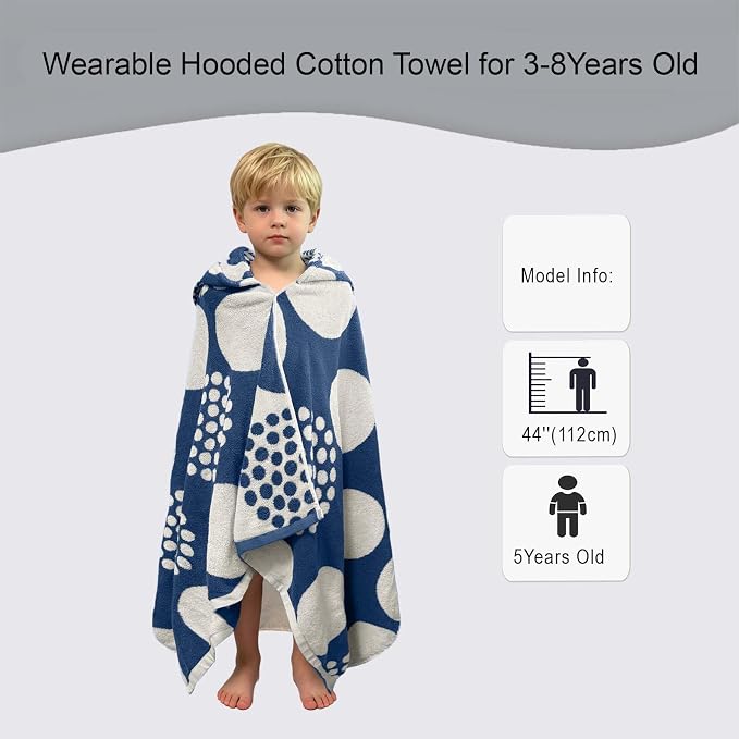VOOVA & MOVAS Kids Hooded Towel, 3-8 Years, 100% Cotton, Dark Blue Dot | Classic Dot Jacquard Craft, Powerful Absorbency, Multi-Scene Use for Bath, Beach, Pool and Swimming