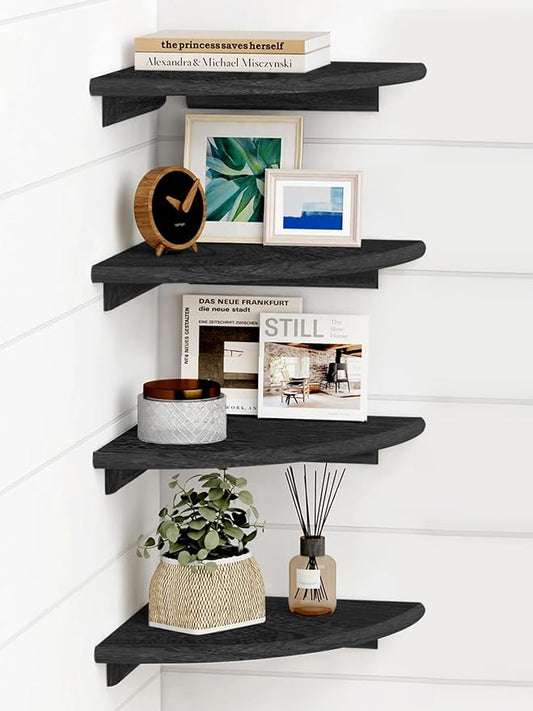 Forbena Black Corner Floating Shelves for Wall Set of 4, Small Rounded Corner Shelves Wall Mount for Bedroom Books, Mini Wood Hanging Corner Shelf for Bathroom Decor, Living Room, Small Spaces