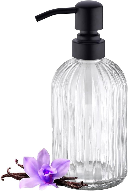 16Oz Bathroom Glass Soap Dispenser with Black Rust Proof Pump,Premium Kitchen Soap Dispenser with Vertical Stripe, Lotion Dish Dispenser for Modern Home Decor, Countertop, Hotel
