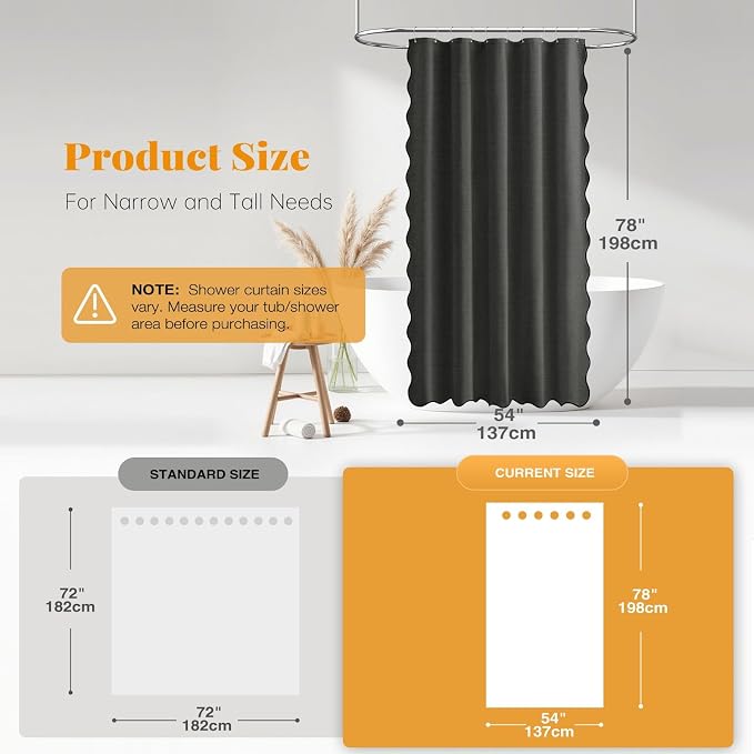 54x78 Boho Scalloped Linen Textured Shower Curtain Set, Charcoal Grey | Narrow Long Size, 230GSM Waterproof Polyester, Heavy Duty Fabric, 10 Plastic Hooks, Elegant Farmhouse Style, Machine Washable