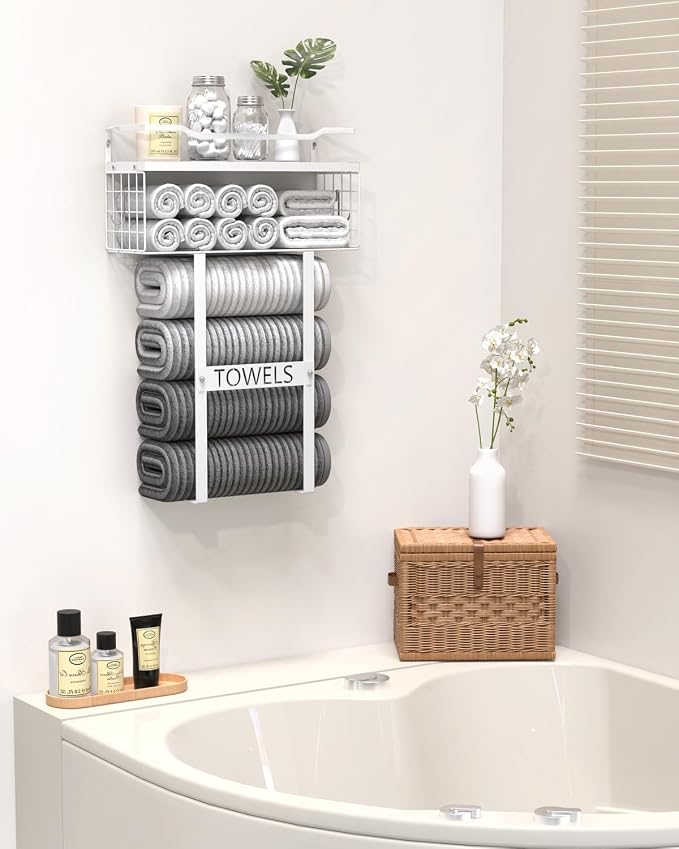 Towel Racks for Bathroom Wall Mounted - Bath Wall Towel Holder Set Above Toilet Storage, Rolled Towel Shelf Organizer for Small Bathroom All White, Wood Vertical Towel Rack for Bathroom Wall Decor | Towel Storage with Wood Shelf & Metal Basket,Fit for ...