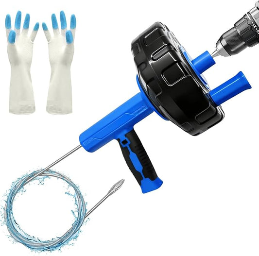 25FT Auto Feed Drain Snake Auger Drill or Manual Hair Clog Remover | 25FT flexible drain snake with auto feed retract, supports drill or manual use, for bathroom sink shower hair clog removal