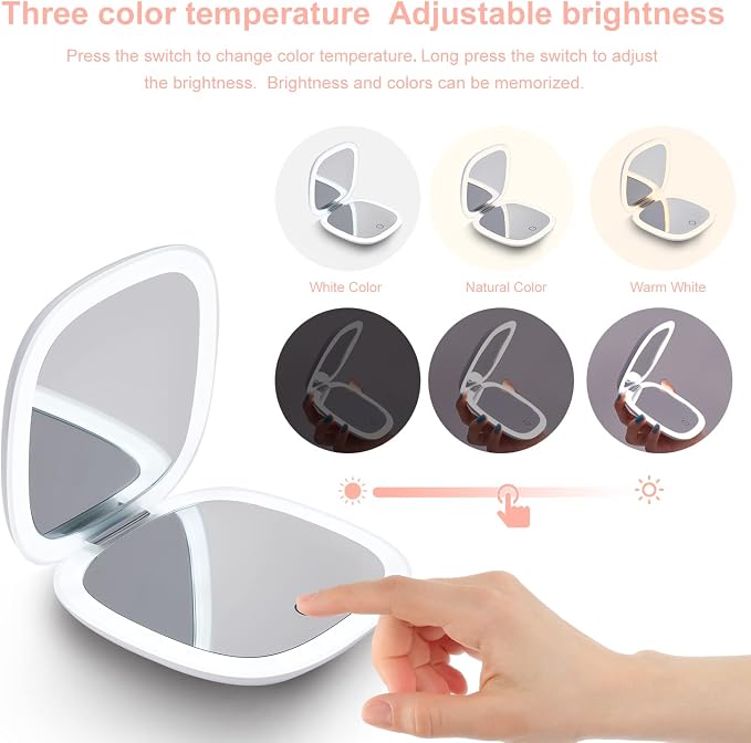 Mocado Compact LED Magnifying Travel Makeup-Mirror - 4 inches 1X/10X Magnification Small Hand Pocket Dimmable Double Sided USB Rechargeable Touch Screen, Portable Tabletop Cosmetic (White) | Double Sides Lighted, 3 Colors Lighting, 0-100% Brightness, D...