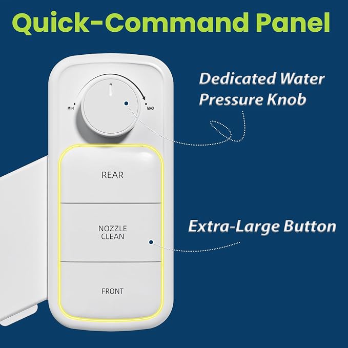 Ultra-Slim Bidet Attachment, Self-Cleaning Dual Nozzle (Feminine/Posterior Wash), Accessibility-Enhanced Large Buttons, Quick-Release, Non-Electric Fresh Water System with Adjustable Pressure