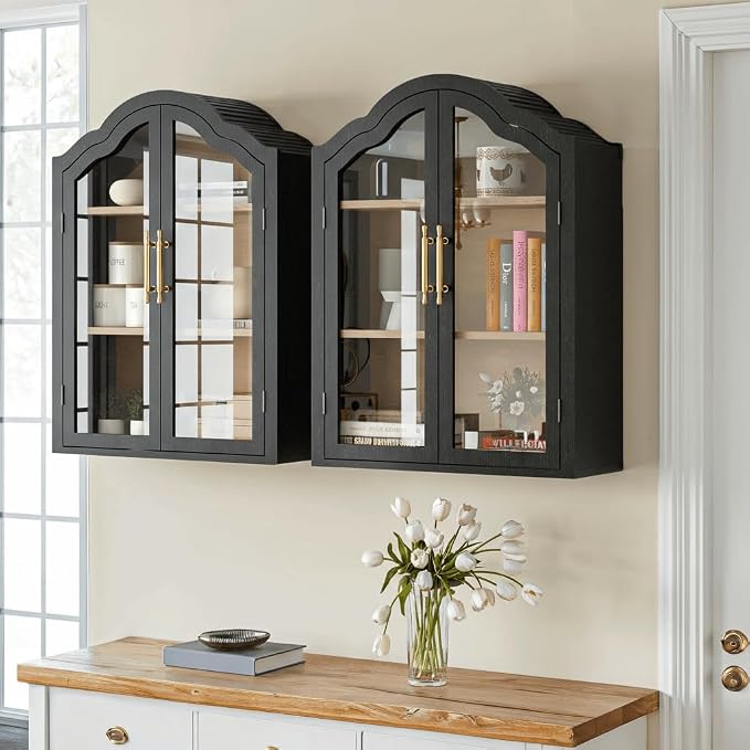 FIMELLO 47.2’’W Wave Design Arched Wall Cabinet, Bathroom Cabinet with Glass Doors Adjustable Shelf, Above Toilet Cabinet, Kitchen Wall Cabinet, Wall Bookshelf, Black Grain