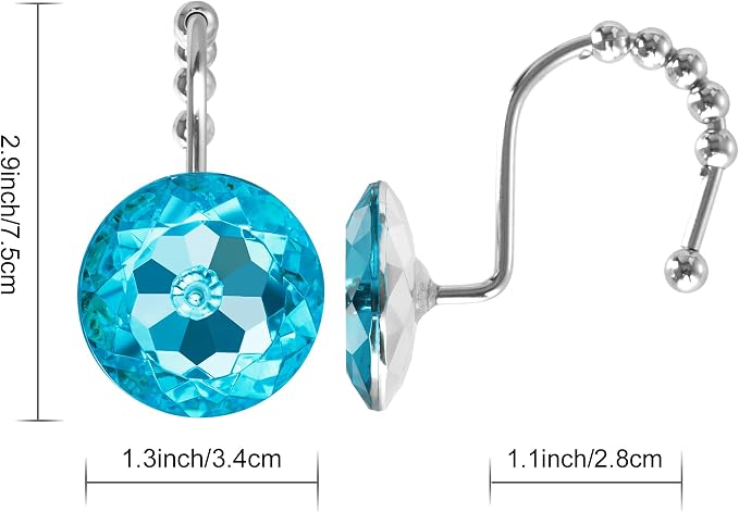 Sunlit Luxury Design Round Aqua Blue Diamond Crystal Gem Bling with Glide Balls Shower Curtain Hooks, Rust Proof Metal Rhinestones Glam Shower Curtain Rings-12 Pack
