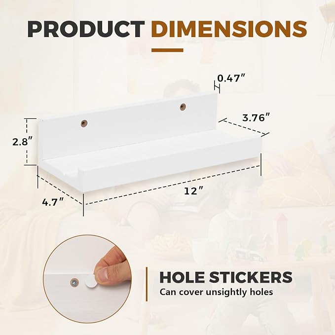 Muzilife 12" Small Floating Shelves Wood Wall Shelf with Lip, 4Pcs, White | FSC-Certified Wood | 20 lbs Capacity | Space-Saving | Hanging Shelf | Wall Decor| Bedroom,Living Room,Bathroom,Kitchen,Office