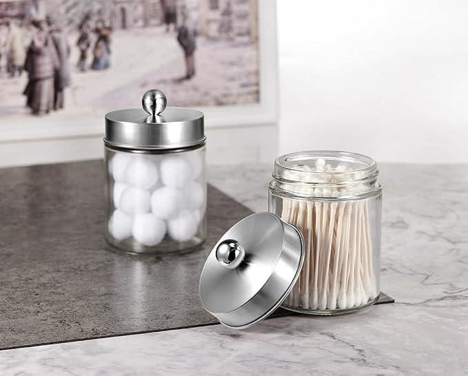 Amolliar Glass Apothecary Jar Qtip Holder Metal Lids 4pc/Brushed Nickel | Bathroom Decor Countertop Vanity Storage Organizer Set for q tip holder,Cotton Swabs/Rounds,Makeup Sponges,Cute Stickers