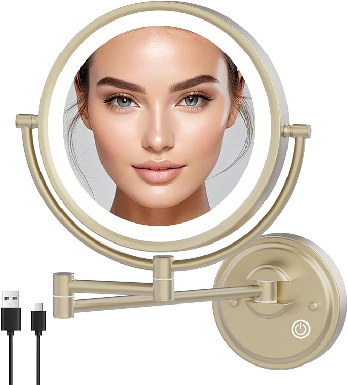 10" Plug In Brass Wall Mounted Makeup Mirror with Lights and Magnification | 2-Sided, 1X/5X Foldable Extended Arm, 360 Rotation Shaving Mirror, 3 Color LED Lighting, Touch Dimmable, Satin Brushed Gold