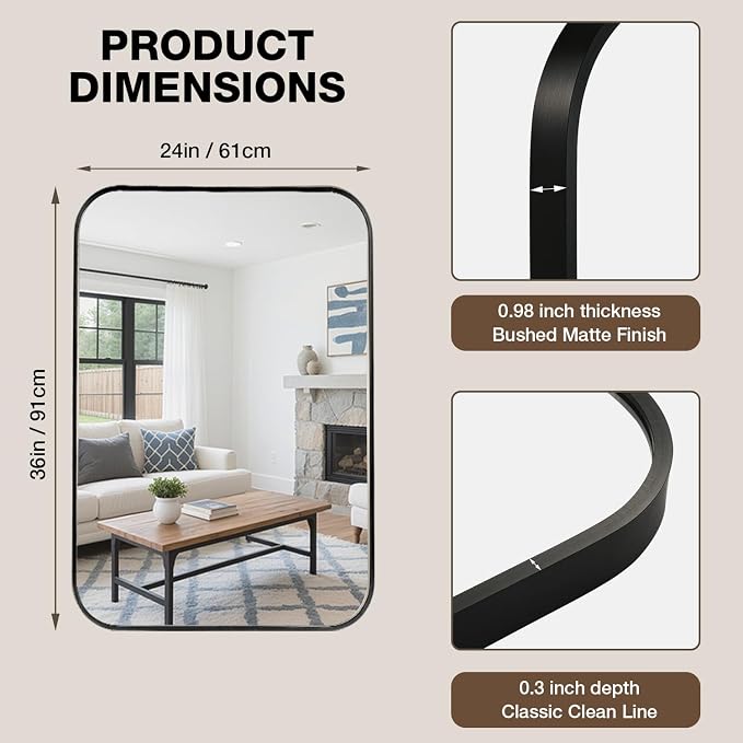 24"x36" Bathroom Mirrors for Over Sink, Matte Black Rectangle Vanity Mirror | Aluminum Alloy Frame, Clear Reflection, Rust-Resistant, Vertical or Horizontal, Wall Mount, Bedroom and Entryway