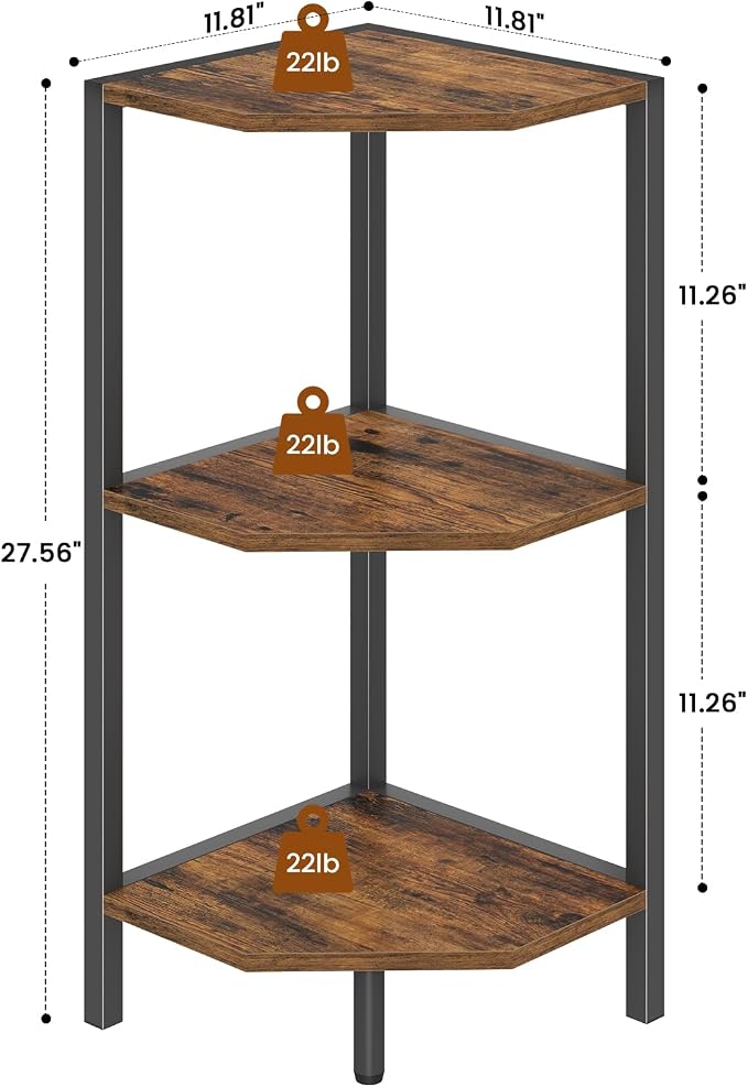 Creso hom Corner Shelf, 3-Tier Industrial Corner Bookshelf with Metal Frame | Multipurpose Corner Display Rack for Living Room Kitchen Bedroom Office Organization and Storage, Rustic Brown