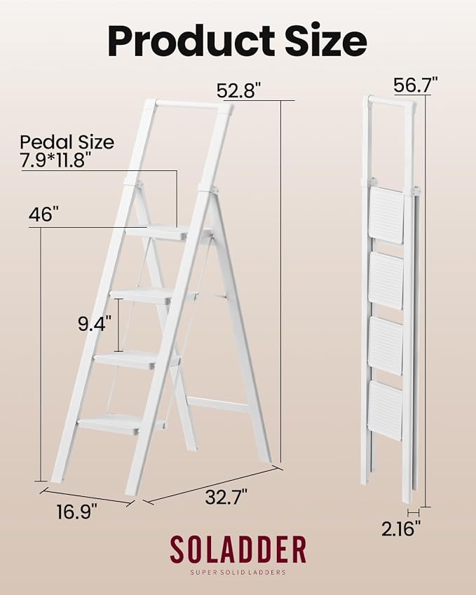 4 Step Ladder, Lightweight Folding Step Stool, Pure White | Reach 8ft;Anti-Slip Wide Pedal;Portable Handrail;Space-Saving;For Kitchen, Home, Library, Office Use;300lbs Capacity