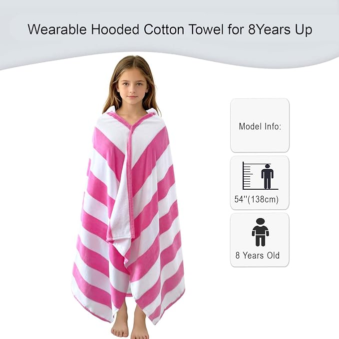 VOOVA & MOVAS Big Kids Hooded Towel, 8+, 100% Cotton, Hot Pink White Stripe | Bright Stripe Pattern, Soft, Absorbent & Fast Drying, Perfect for Beach and Pool Parties