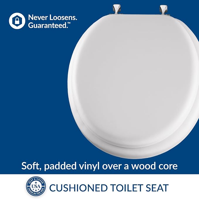 Mayfair Padded Toilet Seat with Chrome Hinges, Soft Vinyl over Wood Core Seat, Made in USA, Round, White (Pack of 2)