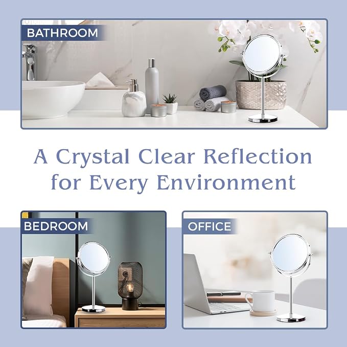 Double Sided 10X/1X Magnifying Mirror, 7" x 14" (Chrome) | Makeup Mirror on Round Stand for Table, Bedroom Vanity Desk & Bathroom Counter - Free Standing Vanity Mirror for Beauty Care