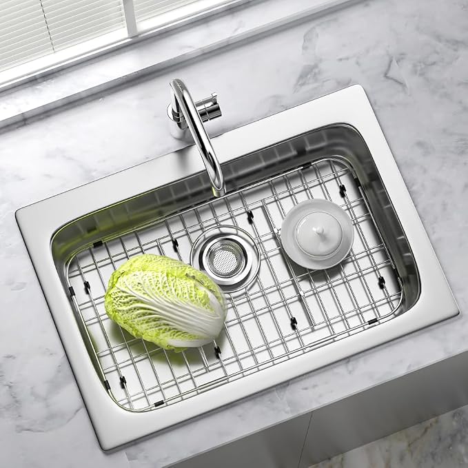 Slideep Sink Bottom Grid, Stainless Steel Sink Protector 28.4"L X 14.2"W Rear Drain Hole, Sink Grate Rack for Bottom of Kitchen Sink Single Bowl with Sink Strainer
