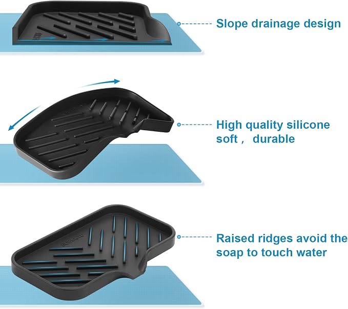 Silicone Kitchen Soap Tray, Sink Tray,Black, [Size: 9.5 x 5 inch] | Sponge Holder for Kitchen Counter Soap Bottles and Organizer with Drain Spout