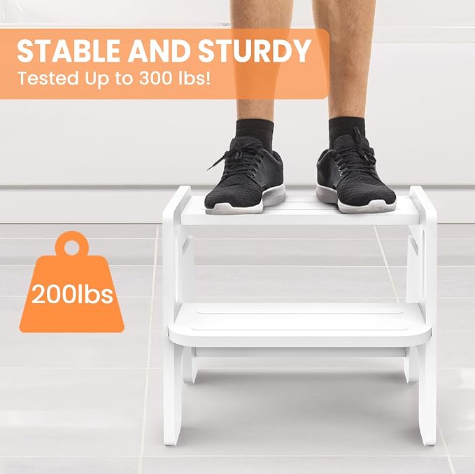 Toddler Step Stool, Wooden Height-Adjustable 2-Step Stool for Kids, Potty Training Stool with Handles for Bathroom Sink, Kitchen, Bedroom-White