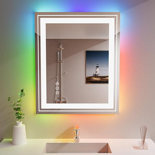 Snowdool 30 x 36 in RGB LED Bathroom Mirror, Front and Backlit, Anti-Fog | 8 RGB Backlight Modes, 3 Front Light Colors, Anti-Fog, Tempered Glass
