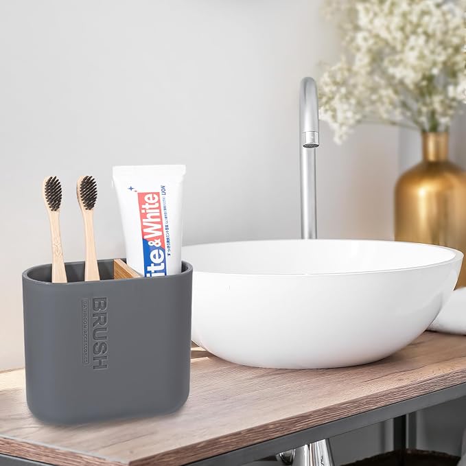 Toothbrush Holders for Bathrooms, Electric Toothbrush Holder 2 Slots, Gray | Countertop Toothbrush Organizer for Toothpaste, Floss, Razor and Bathroom Vanity Accessories Storage