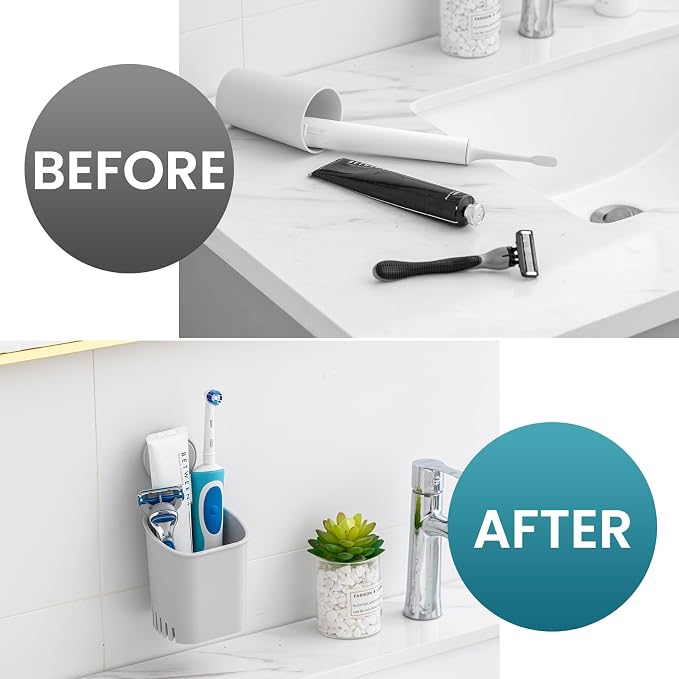 TAILI Suction Cup Toothbrush Holders for Bathroom Wall Mounted, Gray | Shower Toothbrush and Toothpaste Holder, Drill-Free 1S Installtion, Removable Powerful Suction Cup Organizer, Self-draining