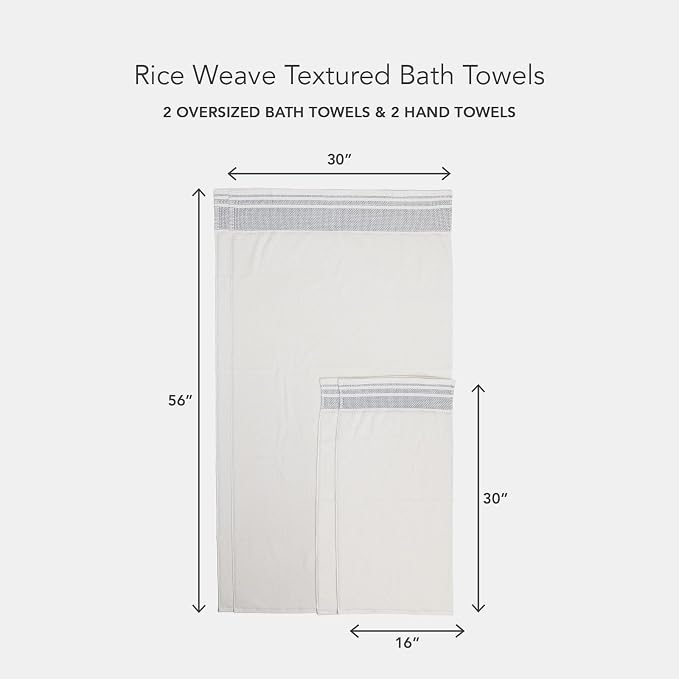 Texere 100% Organic Cotton Rice Weave Jacquard 700 GSM Luxury Bath Towel Set - 2 Large Bath Towels, 2 Hand Towels (Rice Weave, Cream w/Blk, 2 Bath & 2 Hand Towels)