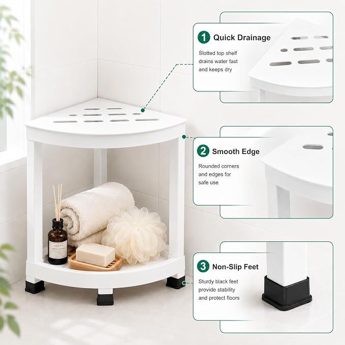 CROWNFURN Shower Foot Rest, HIPS Waterproof Shower Stool for Inside Shower, Corner Shower Bench for Shaving Legs with Baffle Storage Shelf for Small Space, Rapid Assembly DIY Combination Shelf (White)