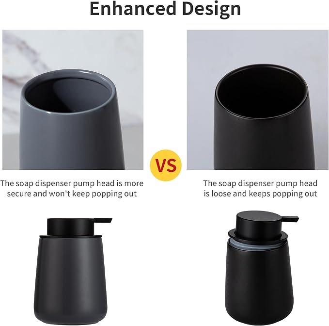 Enra Grey Soap Dispenser, Modern Ceramic Hand Soap Dispenser Bathroom | 12oz Ceramic Body with Wide-Mouth Refill Opening. Neutral Gray Finish Adds Style to Kitchens, Vanities and Countertops.