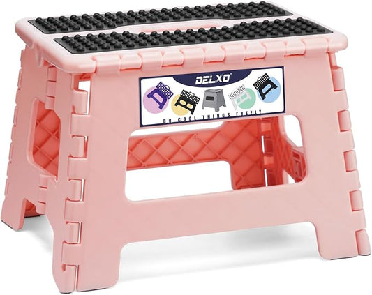 Delxo 9 Inch Kids Step Stool,300 Lbs Folding Step Stool for Toddler Pink | Foldable Step Stool,Non-Slip Foot Stools with Handle, Lightweight Collapsible Stool for Kitchen,Bathroom,Bedroom,Garden