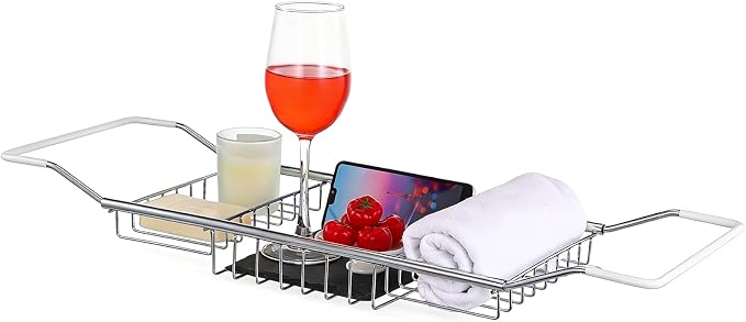 Cabilock Stainless Steel Expandable Bathtub Tray, Chrome Polished Telescopic Bath Tub Shelf, Bathroom Organizer for Soap, Shampoo, Phone and Sundries