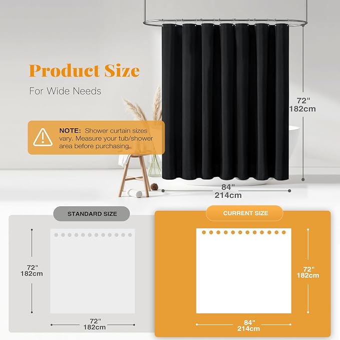84x72 Wide Linen Textured Waterproof Cloth Thick Shower Curtain, Black | Wide Size, 230GSM Polyester, Heavy Duty Fabric, Weighted Hem, 14 Plastic Hooks, Modern Luxury Hotel Style, Machine Washable