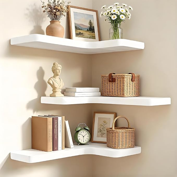 Floating Corner Shelves, Wall Shelf Set of 3, Shelves for Wall Storage, Solid Wood Shelves for Storage, Wall Mount Wooden Display Shelf for Bathroom Bedroom Kitchen Garage (White 3 Pcs)