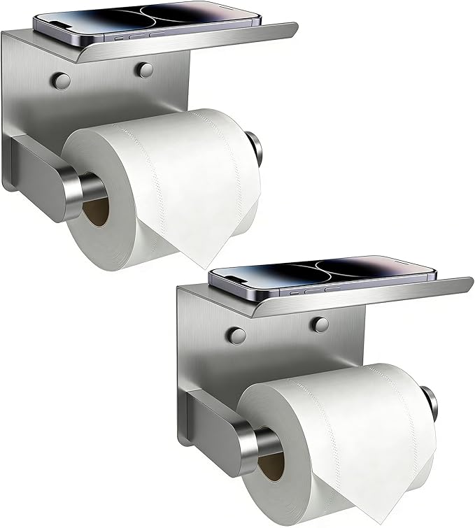 SetSail Toilet Paper Holder with Shelf Adhesive or Screw-in Brushed Nickel | 2 Packs,Adhesive or Screw-in,Waterproof and Rustproof Stainless Steel,Wall Mount Design,for Bathroom Hardware Accessories