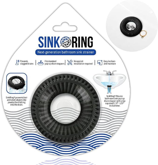 SinkRing Bathroom Sink Drain Protector & Strainer for Sink Stoppers, Black | Easy snap-in design. Precision clog-free trap prevents loss of earrings, jewelry or contacts. Fits 1.37" - 1.57" stoppers.