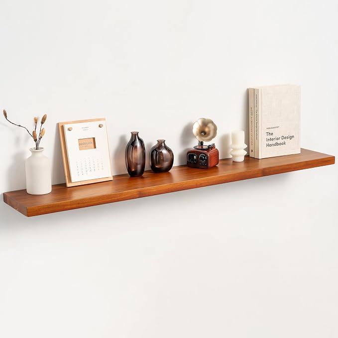 48" Solid Teak Floating Wall Shelf, Water Resistant & Sturdy Decor | Natural Teak Wood, Large Wall Storage & Decor, Fits Living Room, Bedroom, Kitchen & Bathroom