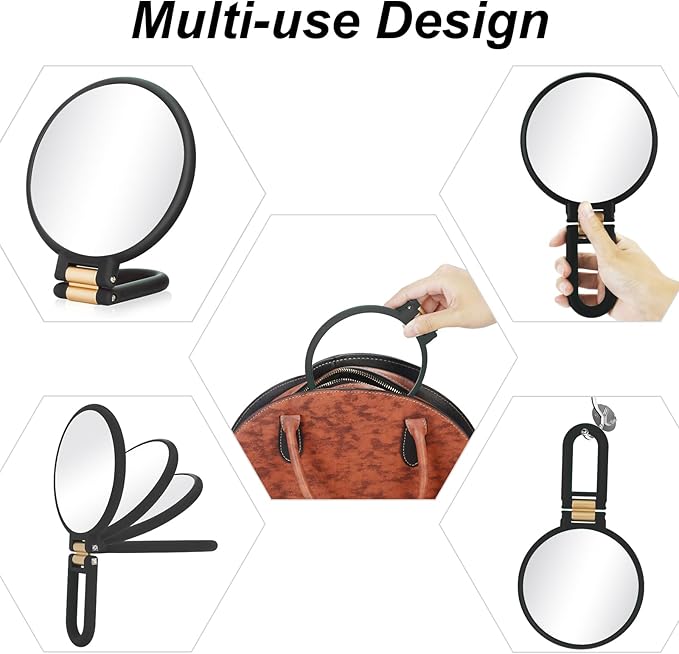 1x 30x Magnifying Travel Mirror, Hand Mirror with Handle - Double Side Hand Held Mirror with 1x30x Magnification & Foldable Handle, Portable Travel Makeup Hand Mirror for Women (Black)