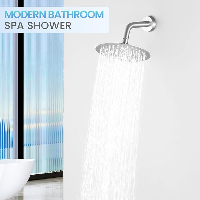 Brushed Nickel Round Rainfall Shower Head, All Metal Stainless Steel Rain Shower Heads with 90 Anti-Clog Silicone Nozzles, Wall or Ceiling Mount, 8 inch