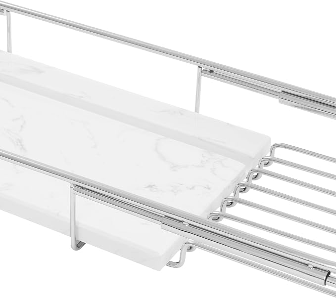 Expandable Bathtub Tray – 26.77" to 35.43" Adjustable Bathtub Caddy | with Natural Marble Board, Raised Guardrails, Tablet/Phone Stand – Home Spa Accessory for Bath, Holds 44 lbs (Silver+White)