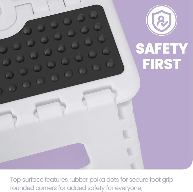 9" Folding Step Stool, Non-Slip Surface Stool for Kids, Dot White | Heavy Duty Foldable Stools, Lightweight, Holds 300 lb, for Toddler Kitchen Bathroom Bedroom Outdoor, Collapsible with Handle