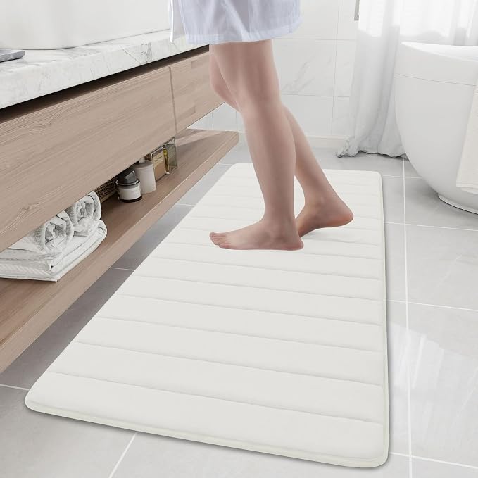 Buganda Memory Foam Bath Mat 59 x 20, Ultra Soft Absorbent Bathroom Rugs | Ivory, Machine Washable Quick Dry Bath Mats for Bathroom Floor, Shower and Tub, Home Decor Accessories
