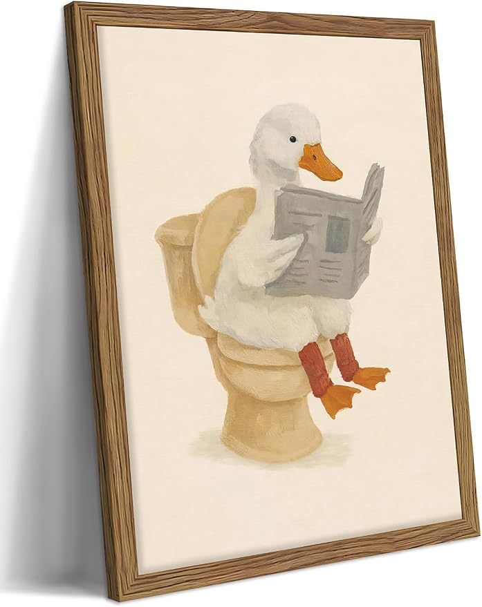 Framed Duck Bathroom Wall Art, Whimsical Duck Reading on Toilet, Funny Kids Bathroom Wall Decor, Vintage Farmhouse Toilet Decor, Cute Animal Canvas Print for kids Room 12x16 inch