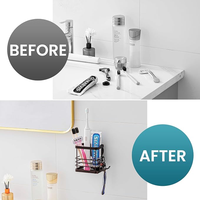 TAILI Patented Suction Cup Toothbrush Holders for Bathrooms, Brown | Stainless Steel Toothpaste Holder with Razor Hook, Strong Suction Up to 11lbs, Anti-Puddling, No Drill Removable & Reuseable