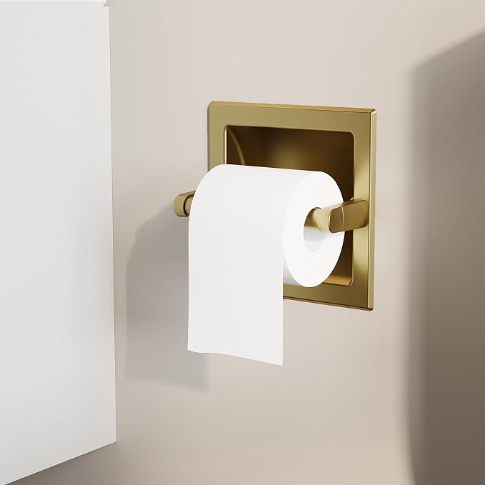 Recessed Gold Toilet Paper Holder, in Wall Toilet Paper Holder Pivoting, Gold Wall Mount Toilet Paper Roll Holder, Bathroom Brushed Brass Stainless Steel Tissue Holder