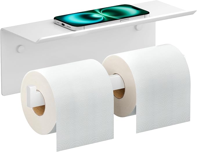 FORIOUS Toilet Paper Holder with Shelf, Commercial Toilet Paper Dispenser | White| SUS304 Stainless Steel Wall Mount Double Bathroom Tissue Roll Holder for Hotel, Apartments, etc