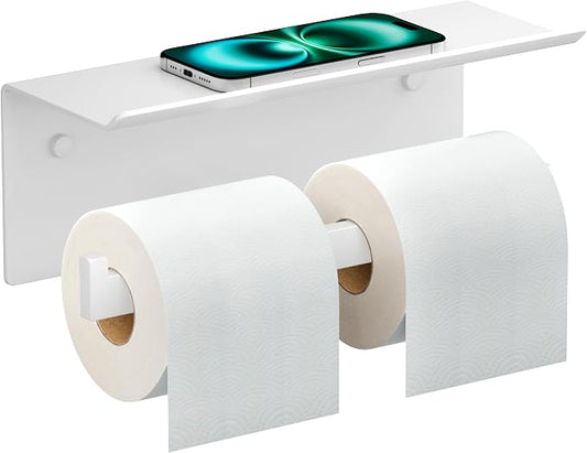 FORIOUS Toilet Paper Holder with Shelf, Commercial Toilet Paper Dispenser | White| SUS304 Stainless Steel Wall Mount Double Bathroom Tissue Roll Holder for Hotel, Apartments, etc