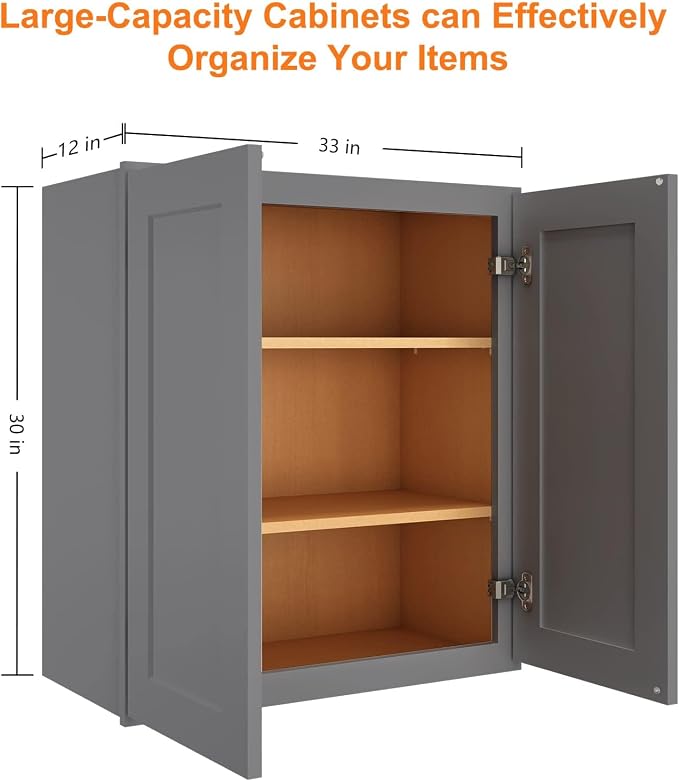 ROOMTEC Wood Wall-Mounted Cabinet,Bathroom Medicine Cabinet with Adjustable Shelves and 2 Soft-Close Doors,Laundry Storage Cabinet for Bathroom,Kitchen,Living Room 12" D*33" W*30" H,Shaker Grey