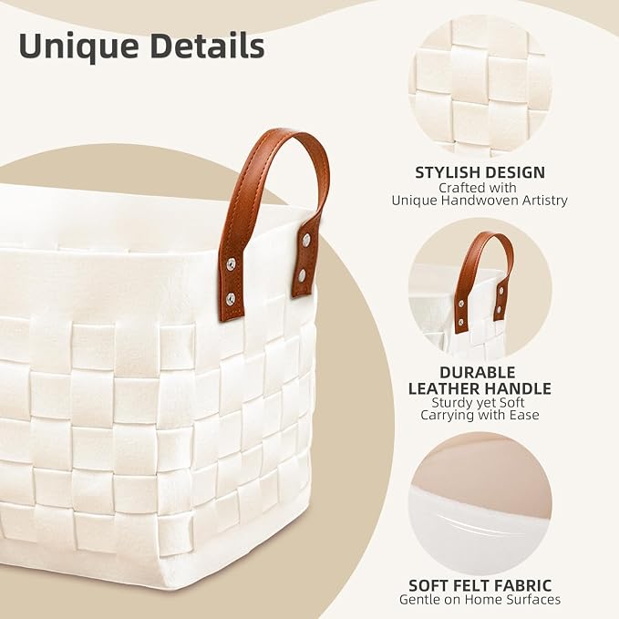 Blankets Basket 16.5 " x13 x13 , Large Rectangular Laundry Hamper with Leather Handle, Soft Dog Toy Basket for Storage-Beige