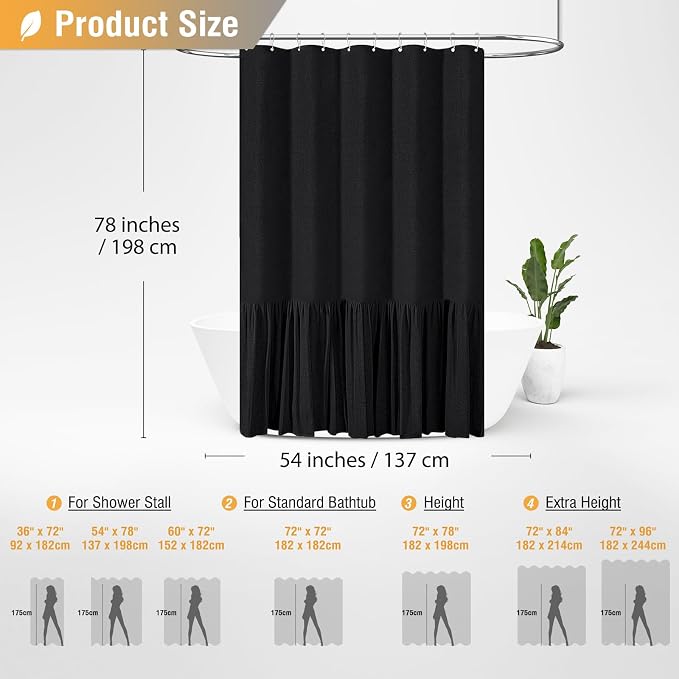 Stall Linen Ruffle Modern Farmhouse Cloth Shower Curtain, 54x78, Black | Ruffle Hem, Heavy Duty Fabric, 10 Hooks, Elegant Drape, Shabby Chic Style, Bathroom Decor, Machine Washable, Easy To Install